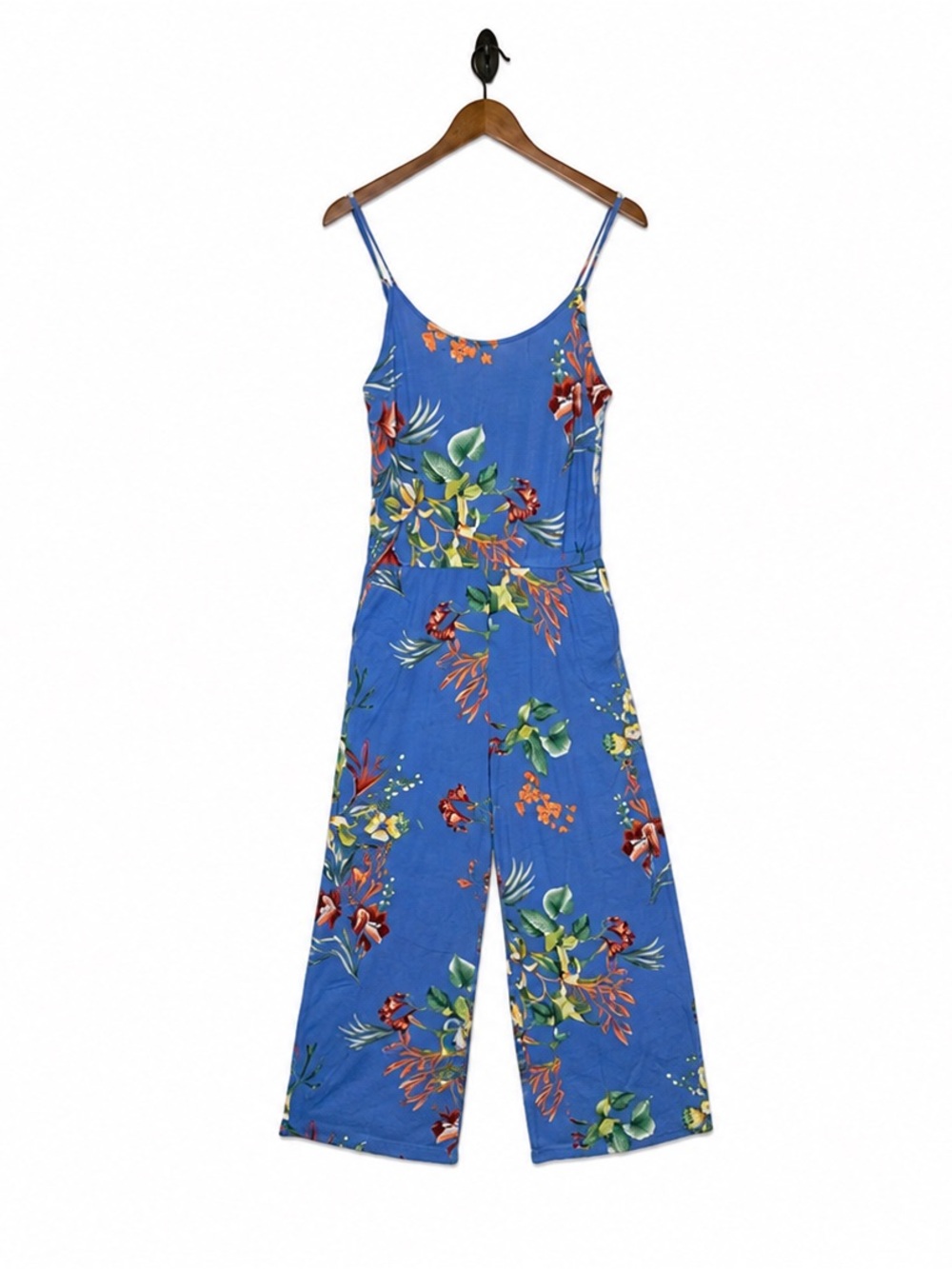 LASCANA Blue Floral Wide Leg Jumpsuit Spaghetti Strap Size 12 Tropical